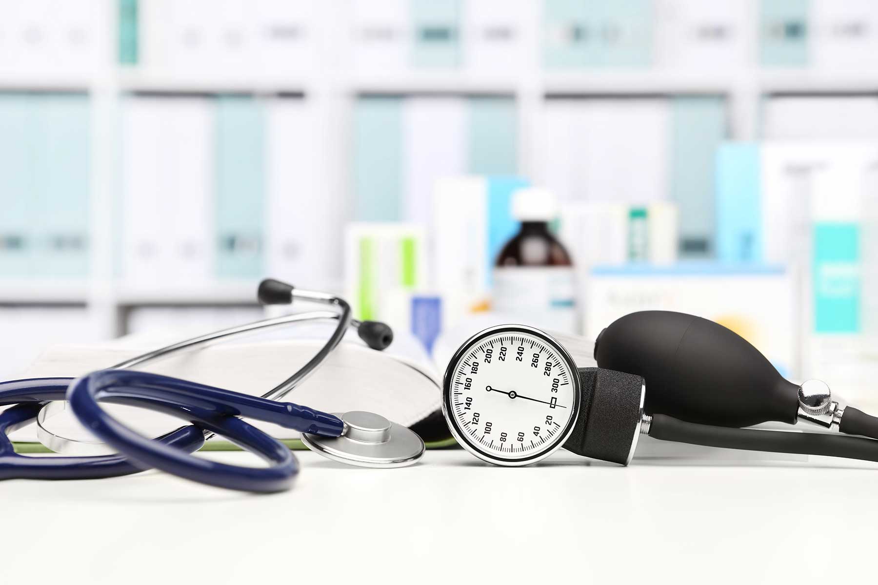 Desk with stethoscope and clinic tenometer