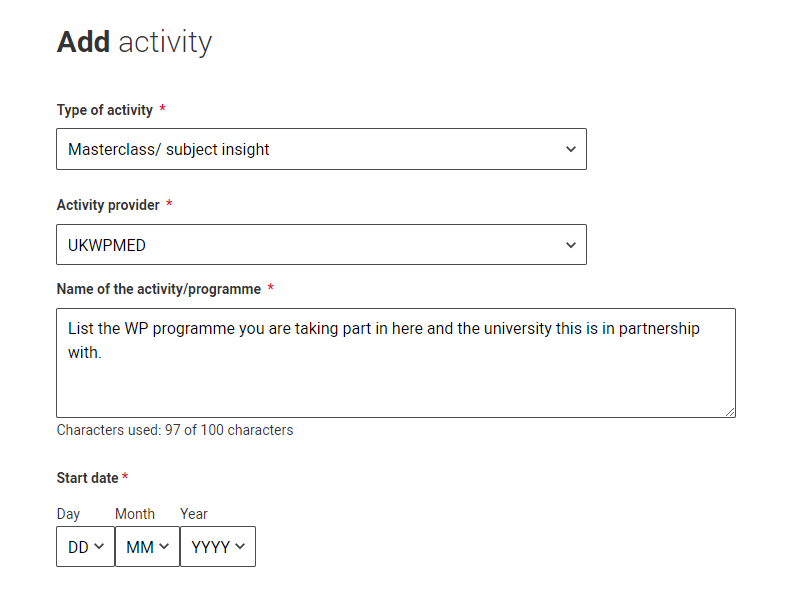 UCAS application form navigation for extra activities