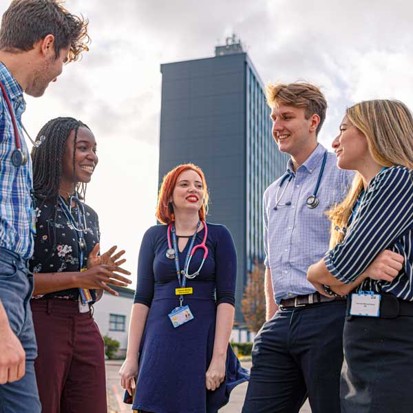 Medicine students outside Hull Royal Infirmary
