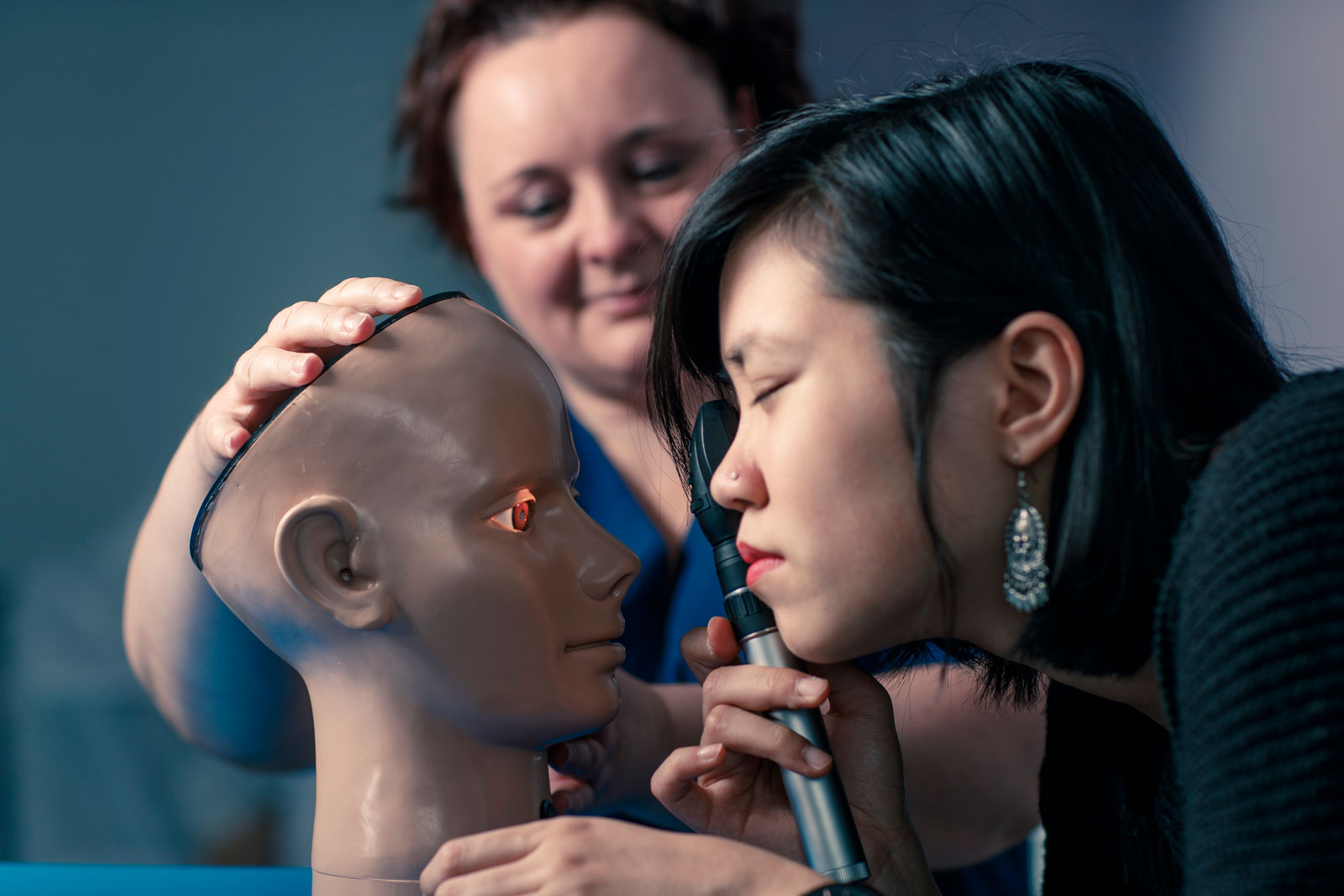 Medicine student practicing ophthalmology skills in clinical skills at Castle Hill Hospital