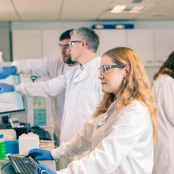 Pharmacology students and staff working in the lab