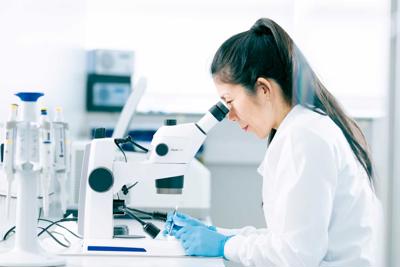 Examining a skin microsampling device under a microscope